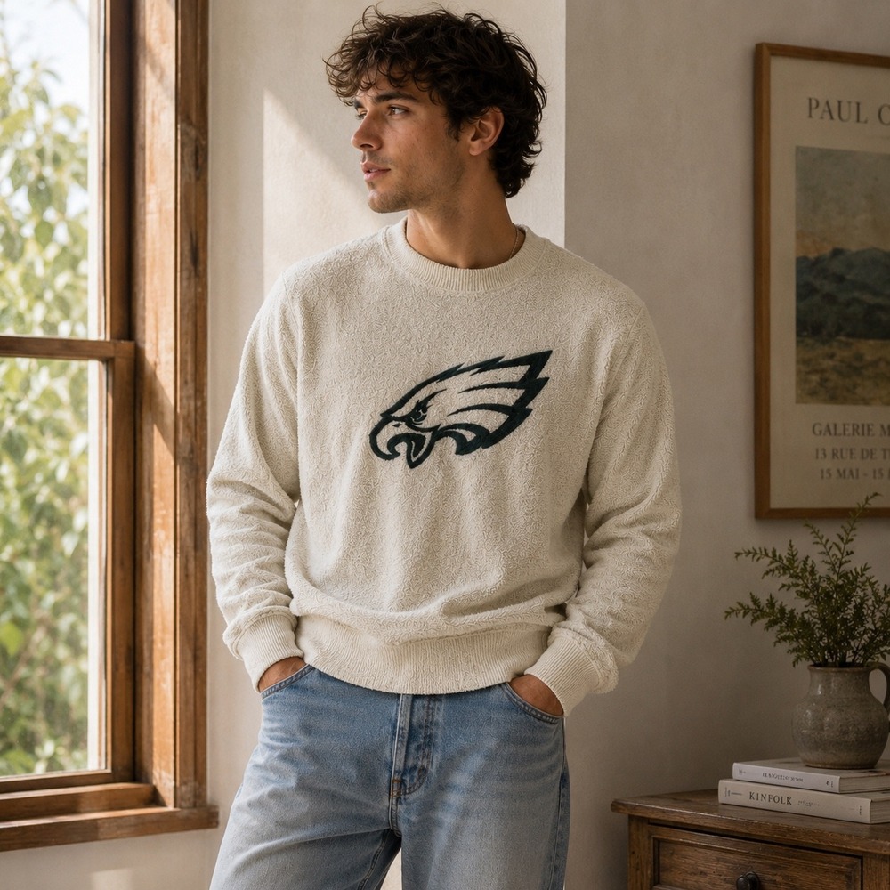 NFL Team Apparel Philadelphia Eagles Terry Cloth Sweatshirt cream Mens Medium